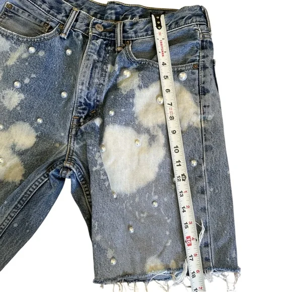 Levi’s Cutoff Reworked Denim Shorts | Y2K Design Pearl Studs Bleach Splatter - Picture 6 of 8